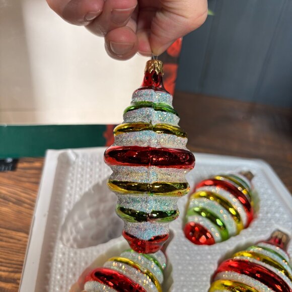 Vintage Glass Christmas Ornaments Red Gold Balls and Striped Pine Cones - Picture 11 of 12